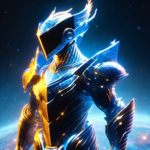 A man with his arms crossed, wearing futuristic full battle armor. He has a stylized helmet with a (visor screen that covers his entire face) ((reflecting space with stars and galaxies)). The armor is metallic multicolor with faintly glowing blue details.

(On the chest it bears the symbol of a dragon). Large reinforced shoulder pads protect his shoulders. Armored gauntlets and vambraces cover his arms, also with (dragon) motifs. He also wears greaves and sabatons that protect the legs.

At the waist he has a tactical belt with several compartments to carry ammunition and other battle supplies. Heavy boots with reinforced soles complete the armor. The helmet has small (horns) on either side and has a clean, streamlined look without exaggerated features.

((The full enclosed helmet visor screen)) reflects the deep space stars. (The intricate dragon-themed full armor) gives him a powerful and imposing look, ready for combat.