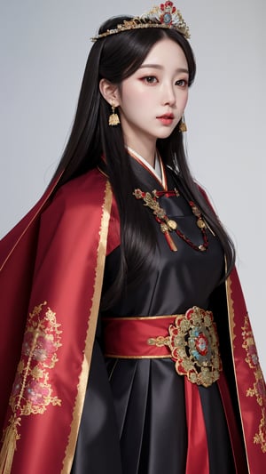 masterpiece, best quality, photorealistic, 8k raw photo, 1girl, solo, the empress, black long hair, hanbok dress, red cape, curtain, tiara, face focus, upper body, highly intricate details, ultra detailed, vibrant color, low angle, from below, dslr