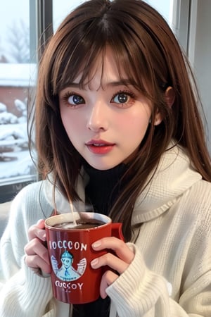 Girl with brown eyes, realistic, brown hair with slight bangs, cute, european, cute, wearing winter clothes, hot chocolate, cozy vibe
