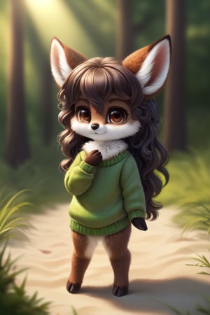 Masterpiece, a deer, furry, in a beach forest, uploaded on e621,  ((by Silverfox5213)), (deer Vintage body), Gotten up, 
solo (Biped furry:1.4), ((deer female with Green sweater and Brown eyes, check tuft, little horns)),
(detailed deer), Fluffy long hair  (very long hair very fluffy ) ((dark brown wavy hair)),  beige body, ((detailed fluffy fur)), (full-length portrait, looking at viewer), (beach grass), smile deer, chubby,
BREAK, 
(detailed background, depth of field, half body shadow, sunlight, ambient light on the body),
(masterpiece, best quality, ultra realistic, 4k, 2k, (intricate:0.9), (high detail:1.4), film photography, (soft focus:1.2), face beautiful
RAW photo, photorealistic, analog style, subsurface scattering, photorealism, absurd res), Beautiful eyes 