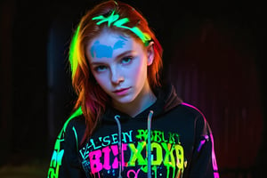 HyperGraphicsMode, DXR:100) Ridiculous cute Redhead American 16-year-old girl hoodie in the dark covered in neon paint, she’s absolutely beautiful