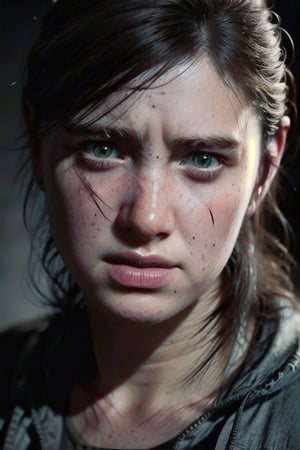 ellie standing dripping with blood, pocket knife and a pistol in each hand, post apocalypse city background, dead zombies in the background, rage filled face, standing after a fight, realistic, detailed, ultra detailed realistic illustration, female, detailed face, body view, mid shot, backlit, glamour, shimmer, strokes, smooth, ultra high definition, 8k, unreal engine 5, ultra sharp focus, highly detailed, vibrant, cinematic production character rendering, very high quality model, full body, hyper detailed photography, soft light, ultra detailed, detailed face, detailed eyes, Ellie tlou2,Detailedface