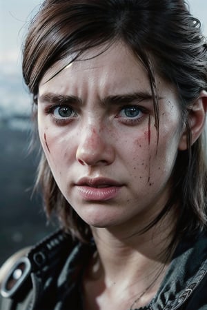 ellie standing dripping with blood, pocket knife and a pistol in each hand, post apocalypse city background, dead zombies in the background, rage filled face, standing after a fight, realistic, detailed, ultra detailed realistic illustration, female, detailed face, body view, mid shot, backlit, glamour, shimmer, strokes, smooth, ultra high definition, 8k, unreal engine 5, ultra sharp focus, highly detailed, vibrant, cinematic production character rendering, very high quality model, full body, hyper detailed photography, soft light, ultra detailed, detailed face, detailed eyes, Ellie tlou2,Detailedface