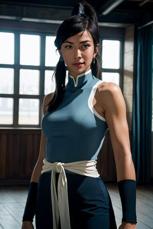 the legend of korra, masterpiece, best quality,  cowboy shot, solo, 1girl, korra, dark skin, dark-skinned female, cyan eyes, dark brown hair, small smile, fighting pose, fighting position, fighting stance, preparing to fight, looking at viewer, head level, korra facing towards the camera, ponytail, hair tubes, light blue shirt sleeveless, long dark blue arm sleeves, grey fur coat tied around the waist, grey fur coat, dojo background, in a dojo, bare shoulders, ultra high definition, 8k, unreal engine 5, ultra sharp focus, highly detailed, vibrant, cinematic production character rendering, very high quality model, hyper detailed photography, soft light, ultra detailed, detailed face, detailed eyes, realistic, detailed, ultra detailed realistic illustration, female, detailed face,