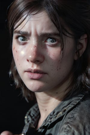 Ellie standing dripping with blood, holding a handgun, post-apocalypse city background, dead zombies in the background, rage-filled face, standing after a fight, realistic, detailed, ultra-detailed realistic illustration, female, detailed face, body view, mid shot, backlit, glamour, shimmer, strokes, smooth, ultra high definition, 8k, unreal engine 5, ultra sharp focus, highly detailed, vibrant, cinematic production character rendering, very high-quality model, full body, hyper-detailed photography, soft light, ultra-detailed, detailed face, detailed eyes, Ellie tlou2,Detailedface