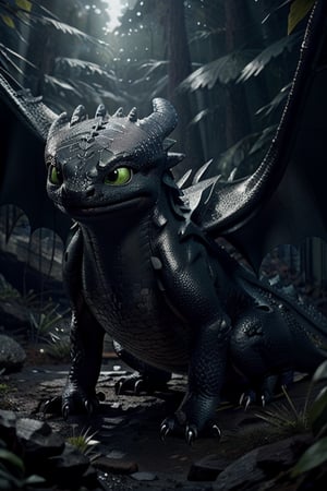 ((toothless from "how to train your dragon")), ((looking cute)),  ((one dragon)), ((green eye colour)), ((wings on back)), ((in the forest)), ((full body shot)), ((side view of the dragon)), ((looking at camera)), small nose, wide shot, nighttime, midnight, realistic, detailed, ultra detailed realistic illustration, ultra high definition, 8k, unreal engine 5, ultra sharp focus, highly detailed, vibrant, cinematic production character rendering, very high quality model, hyper detailed photography, ultra detailed, detailed face, detailed eyes, realistic, detailed, ultra detailed realistic illustration, detailed face,foreground,veryangry,r1ge