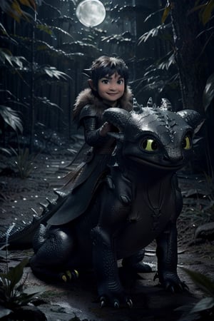 ((baby toothless from "how to train your dragon")), ((looking cute baby)), ((one dragon)), ((green eye colour)), ((wings on back)), ((in the forest)), ((full body shot)), ((side view of the dragon)), ((looking at camera)), small nose, wide shot, nighttime, midnight, realistic, detailed, ultra detailed realistic illustration, ultra high definition, 8k, unreal engine 5, ultra sharp focus, highly detailed, vibrant, cinematic production character rendering, very high quality model, hyper detailed photography, ultra detailed, detailed face, detailed eyes, realistic, detailed, ultra detailed realistic illustration, detailed face,foreground,veryangry,r1ge,moonlight reflection,sacredness