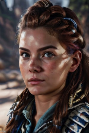 ((aloy)), ((running)), ((holding a staff)), ((oval jaw)), ((25 years old)), ((beautiful)), ((5.9 feet tall)), clear forehead, brown hair, slender, realistic, detailed, ultra detailed realistic illustration, ultra high definition, 8k, unreal engine 5, ultra sharp focus, highly detailed, vibrant, cinematic production character rendering, very high quality model, hyper detailed photography, ultra detailed, detailed face, detailed eyes, realistic, detailed, ultra-detailed realistic illustration, detailed face, Aloy, mecha musume, ,photo of perfecteyes eyes,