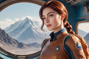 An attractive woman in her thirties who is the captain of a futuristic starship. She stands as a commanding figure in her thirties, radiating a blend of strength, charisma, and determination. Her eyes, a shade of deep cerulean, are windows to her resolute spirit, often gleaming with a spark of curiosity that mirrors her passion for exploration. Her features are defined by high cheekbones and a determined jawline, softened by an easy smile that conveys her approachability.

Auburn hair is worn neatly in a military fashion. It's a mark of her practicality that she ties her hair into a neat braid during missions, ensuring it never hampers her during critical moments. Her stature is statuesque, a testament to her confidence and the way she carries herself with a natural poise.

She stands in a high tech location.