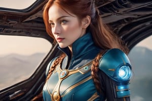 An attractive woman in her thirties who is the captain of a futuristic starship. She stands as a commanding figure in her thirties, radiating a blend of strength, charisma, and determination. Her eyes, a shade of deep cerulean, are windows to her resolute spirit, often gleaming with a spark of curiosity that mirrors her passion for exploration. Her features are defined by high cheekbones and a determined jawline, softened by an easy smile that conveys her approachability.

Auburn hair is worn neatly in a military fashion. It's a mark of her practicality that she ties her hair into a neat braid during missions, ensuring it never hampers her during critical moments. Her stature is statuesque, a testament to her confidence and the way she carries herself with a natural poise.

She stands in a high tech location.