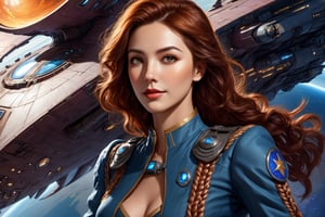 An attractive woman in her thirties who is the captain of a futuristic starship. She stands as a commanding figure in her thirties, radiating a blend of strength, charisma, and determination. Her eyes, a shade of deep cerulean, are windows to her resolute spirit, often gleaming with a spark of curiosity that mirrors her passion for exploration. Her features are defined by high cheekbones and a determined jawline, softened by an easy smile that conveys her approachability.

Auburn hair is worn neatly in a military fashion. It's a mark of her practicality that she ties her hair into a neat braid during missions, ensuring it never hampers her during critical moments. Her stature is statuesque, a testament to her confidence and the way she carries herself with a natural poise.

She stands in a high tech location.