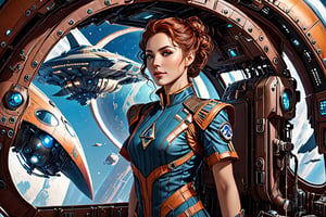 An attractive woman in her thirties who is the captain of a futuristic starship. She stands as a commanding figure in her thirties, radiating a blend of strength, charisma, and determination. Her eyes, a shade of deep cerulean, are windows to her resolute spirit, often gleaming with a spark of curiosity that mirrors her passion for exploration. Her features are defined by high cheekbones and a determined jawline, softened by an easy smile that conveys her approachability.

Auburn hair is worn neatly in a military fashion. It's a mark of her practicality that she ties her hair into a neat braid during missions, ensuring it never hampers her during critical moments. Her stature is statuesque, a testament to her confidence and the way she carries herself with a natural poise.

She stands in a high tech location.