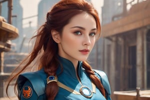 An attractive woman in her thirties who is the captain of a futuristic starship. She stands as a commanding figure in her thirties, radiating a blend of strength, charisma, and determination. Her eyes, a shade of deep cerulean, are windows to her resolute spirit, often gleaming with a spark of curiosity that mirrors her passion for exploration. Her features are defined by high cheekbones and a determined jawline, softened by an easy smile that conveys her approachability.

Auburn hair is worn neatly in a military fashion. It's a mark of her practicality that she ties her hair into a neat braid during missions, ensuring it never hampers her during critical moments. Her stature is statuesque, a testament to her confidence and the way she carries herself with a natural poise.

She stands in a high tech location.