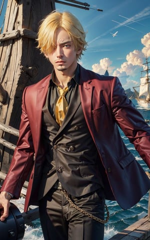 8k, best quality, ultra high res, masterpiece, , sanji2, suit, hair_over_one_eye, yellow hair, eyeblow, black shirts, necktie, Burgundy jacket, facial hair, cowboy shot, pirate ships