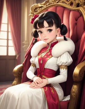 During the Renaissance era,  in an opulent room adorned with intricate tapestries and luxurious furnishings,  there hangs a grand portrait of the young princess,  Shizuka. With her black short hair styled in low twin pigtails,  she exudes an air of innocence and playfulness.Dressed in a lavish gown befitting her royal status,  the princess sits elegantly on a sumptuous sofa. The portrait captures every delicate detail of her regal attire,  from the ornate embroidery to the shimmering jewels adorning her ensemble. Her eyes sparkle with youthful curiosity,  and her lips curve into a gentle smile,  radiating her youthful charm.The portrait immortalizes the grace and beauty of the young princess,  capturing her as an enchanting figure in the Renaissance court. Her black hair styled in low twin pigtails adds a touch of whimsy to her regal appearance,  reflecting her vibrant personality and free spirit. The artwork serves as a testament to her status as a beloved and cherished member of the royal family., 