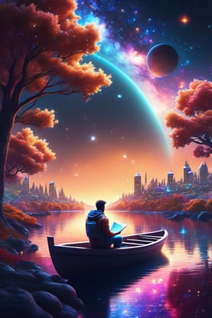 Colurfull home on the moon,man sitting on bench, reading paper 
farm  planet, nebula, colorful light trees,boat water 
, masterpiece, photorealistic, best quality, intricate, 8k, HDR, cinematic lighting, sharp focus,galaxy,fantacy ultra hd,city bg. (UltraHD) .sharp. Cinematic, cinematic light, cinematic photography, realistic experience. Highly detailed, ultra sharp. ,galaxy bg. ,glitter,LegendDarkFantasy