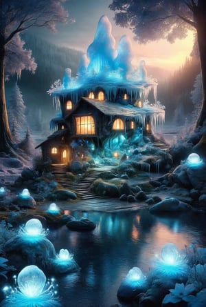 magic ice  fantacyworld ,beautiful fairy,,( plyaing wa_gon), in fantacy magic forest, glowing in night, ice flower,icemashroom ,  fantacy waterfall, lake, duck ,mashroom , icemini house, colour art,style,DissolveSdxl0,3l3ctronics,concept,stworki