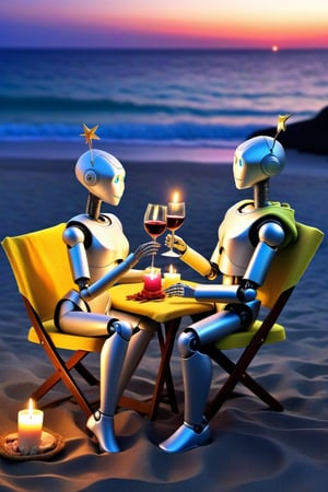 (robots couple,romantic , cloth siting on cloth chair ,drink wine,beach side,  night, candle light dinner , stars, vacation theme, fantacy [(masterpiece, top quality, best quality, , extreme detailed,colorful,highest detailed ((ultra-detailed)), 