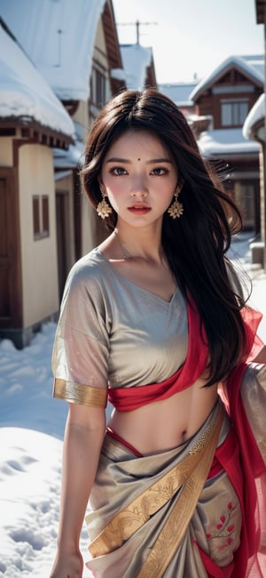  a beautiful cute girl ,saree , playing in sonw fall, friend takes a photo of , 
 snow fall ,  village mountain masterpiece, photorealistic, best quality, detailed skin, intri 8k, HDR, cinematic lighting, sharp focus, eyeliner, lips, earrings, hmmikasa, long hair, 