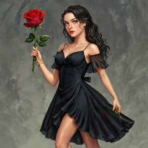 Woman wearing black dresses holds red rose