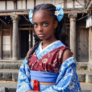 african black beautiful teen girl, blue icey eyes,wearing japanese dress, ancint roman architecture, behind, ,dumbo_oktopus,sad,photo r3al