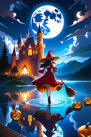 pumkin castle outdoors, sky, cloud, water lake, colorfull witch red dress flying on broom, night, moon,, night sky, scenery, full moon reflection water , highly detailed, 8kHDR , cinematic light ,DonMM1y4XL