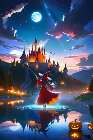 pumkin castle outdoors, sky, cloud, water lake, colorfull witch red dress flying on broom, night, moon,, night sky, scenery, full moon reflection water , highly detailed, 8kHDR , cinematic light ,DonMM1y4XL