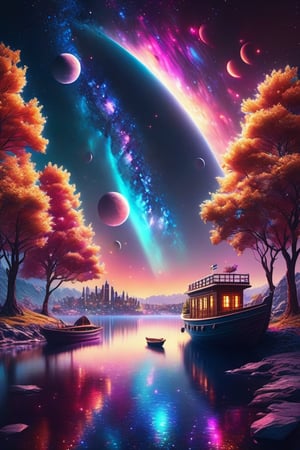Colurfull home on the moon, planet, nebula, colorful light trees,boat water 
, masterpiece, photorealistic, best quality, intricate, 8k, HDR, cinematic lighting, sharp focus,galaxy,fantacy ultra hd,city bg. (UltraHD) .sharp. Cinematic, cinematic light, cinematic photography, realistic experience. Highly detailed, ultra sharp. ,galaxy bg. ,glitter,LegendDarkFantasy