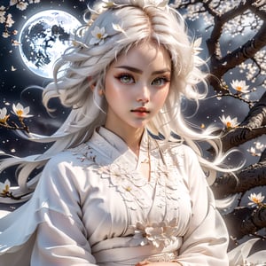art style, intricate Portrait of  beautiful Japanese girl ,siting on tree, paying flute with white flowy hair wearing a treditonal white , white dress with a silk vibrant white color, hyperdetailed face, hyperdetailed eyes, sharp focus on eyes, 8k UHD, work of beauty and inspiration, flowercore, wide angle  ,alberto seveso style ,A white  flower petals flying with the wind ,large full-moon background ,  glowing fractal art elements  hazel eyes,Anime 