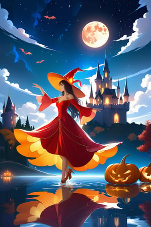 pumkin castle outdoors, sky, cloud, water lake, colorfull witch red dress dancing, night, moon,, night sky, scenery, full moon reflection water , highly detailed, 8kHDR , cinematic light ,DonMM1y4XL