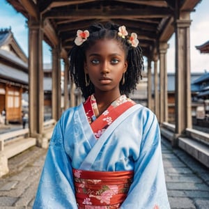 african black beautiful teen girl, blue icey eyes,wearing japanese dress, ancint roman architecture, behind, 