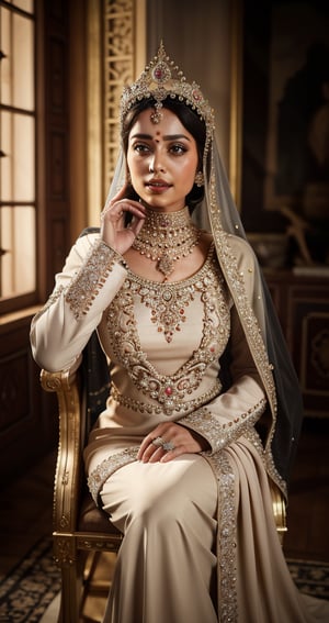A  real mughal hijab queen seated on a throne , wearing royal  colorful dimond dress crown ultra focused, detailed face, cinematic lighting, dynamic pose, medium contrast, depth of field, natural glows ,Queen ,poak(l 8k hd),wrenchfaeflare,REALISTIC,photorealistic,glowing, embroidery, accessories, jewelry,Old vintage photography 