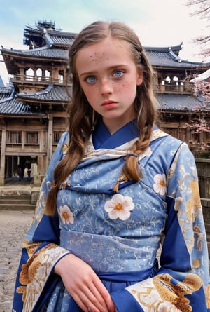  beautiful teen girl, blue icey eyes,wearing japanese dress, ancint roman architecture, behind, ,dumbo_oktopus,sad,photo r3al