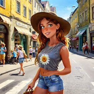 Description
Girl tourist in hat exploring new city at summer looking , on the street, summer holidays sightseeing tourism