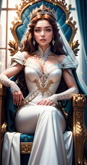 A queen seated on a throne , princess weding  white frock  crown ultra focused, detailed face, cinematic lighting, dynamic pose, medium contrast, depth of field, natural glows ,Queen 