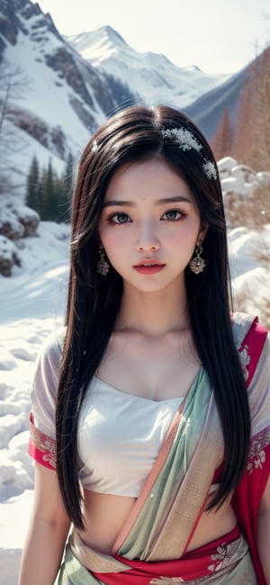  a beautiful cute girl ,saree , playing in sonw fall, friend takes a photo of , 
 snow fall ,  snow mountain masterpiece, photorealistic, best quality, detailed skin, intri 8k, HDR, cinematic lighting, sharp focus, eyeliner, lips, earrings, hmmikasa, long hair, 