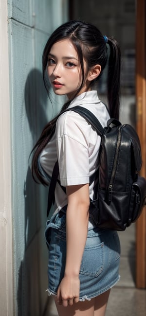 Young black woman with pigtails waving goodbye with colorful backpack leaving room with blue wall