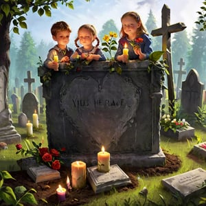 Two kids by the grave. There are a lot of grave candles in a row and one of the kids is holding a leaf on the top of the candle. There are some flowers in the background.,photo r3al