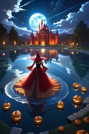 pumkin castle outdoors, sky, cloud, water lake, colorfull witch red dress dancing, night, moon,, night sky, scenery, full moon reflection water , highly detailed, 8kHDR , cinematic light ,DonMM1y4XL