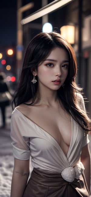  a beautiful cute vampire girl ,small bobs
 snow fall ,  city light behind night masterpiece, photorealistic, best quality, detailed skin, intri 8k, HDR, cinematic lighting, sharp focus, eyeliner, lips, earrings, hmmikasa, long hair, 