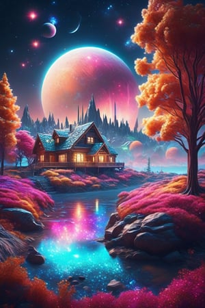 Colurfull Home on the moon, planet, nebula, colorful light trees, 
, masterpiece, photorealistic, best quality, intricate, 8k, HDR, cinematic lighting, sharp focus,galaxy,fantacy ultra hd,city bg. (UltraHD) .sharp. Cinematic, cinematic light, cinematic photography, realistic experience. Highly detailed, ultra sharp. ,galaxy bg. ,glitter,LegendDarkFantasy