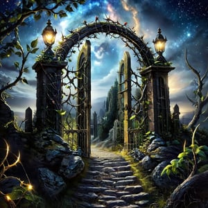 Night scenery with a heaven gate and thorns