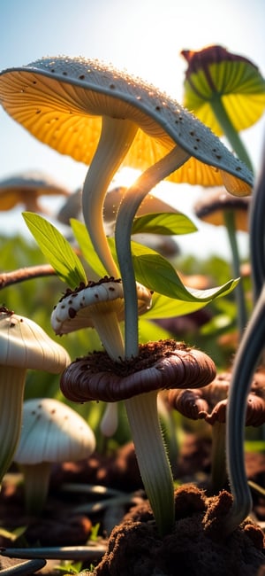 Tiny backlit pleated inkcap mushrooms rack focus foreground to background