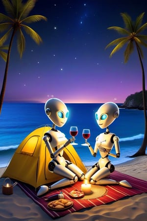 (robots couple,romantic ,dress ,siting on cloth, tent ,drink wine , lots of food,beach side,  night, candle light dinner , stars, vacation theme, fantacy [(masterpiece, top quality, best quality, , 