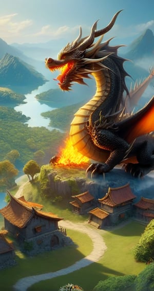 (A dragon burn) their lush forests and peaceful dog villages. Lots of Black smoke, big Fire, smoke, burn home, burn tree,injured dogs CINEMATIC LIGHT ,8lHD detailed,artstation, sharp focus, ,photo r3al,Movie . ,Furry character,Anime ,Roman,iso island,1dragon