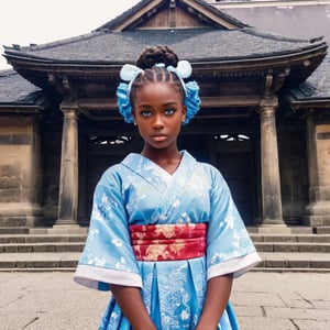 african black beautiful teen girl, blue icey eyes,wearing japanese dress, ancint roman architecture, behind, ,dumbo_oktopus