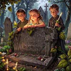 fantacy, detailed face, Two kids by the grave. There are a lot of grave candles in a row and one of the kids is holding a leaf on the top of the candle. There are some flowers in the background.,photo r3al