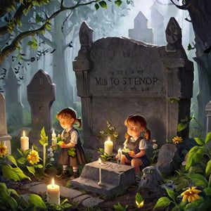Two kids by the grave. There are a lot of grave candles in a row and one of the kids is holding a leaf on the top of the candle. There are some flowers in the background.