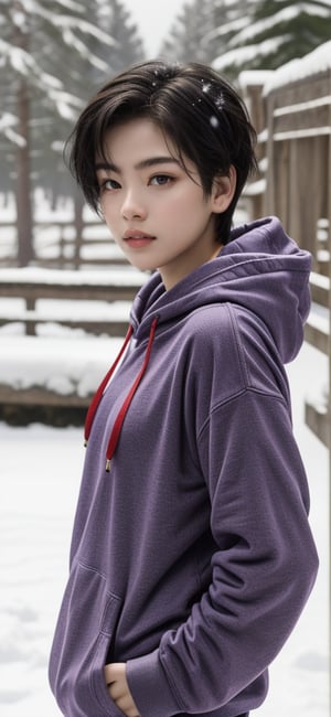  a beautiful cute  tomboy girl ,small bobs, wearing purple hoddie, locking at camera
 snow fall ,  e, photorealistic, best quality, detailed skin, intri 8k, HDR, cinematic lighting, sharp focus,, lips,,,short hair, ,DonMSp3ctr4lXL,Tomboy