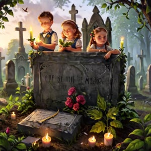 Two kids by the grave. There are a lot of grave candles in a row and one of the kids is holding a leaf on the top of the candle. There are some flowers in the background.,photo r3al